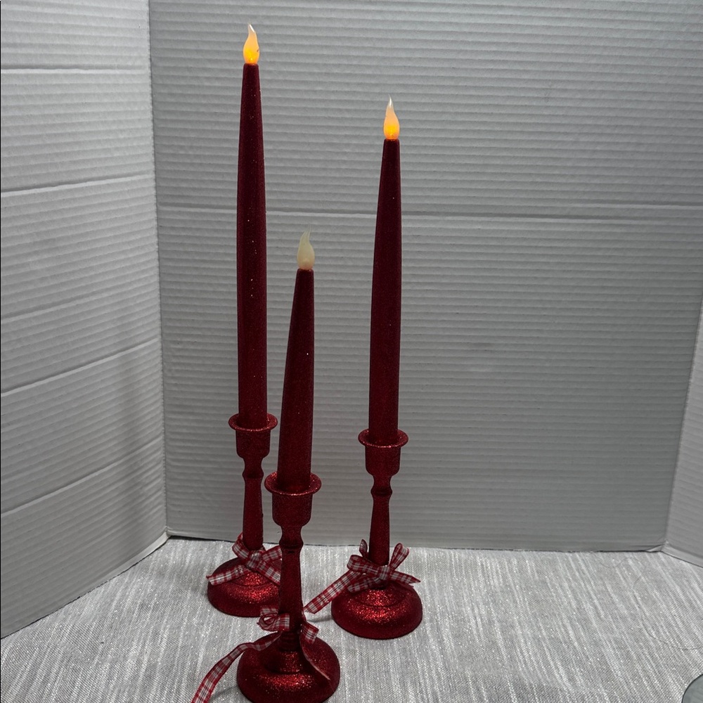 Candle Sticks red glitter flickering light battery operated 18”, 16” and 13” VTG